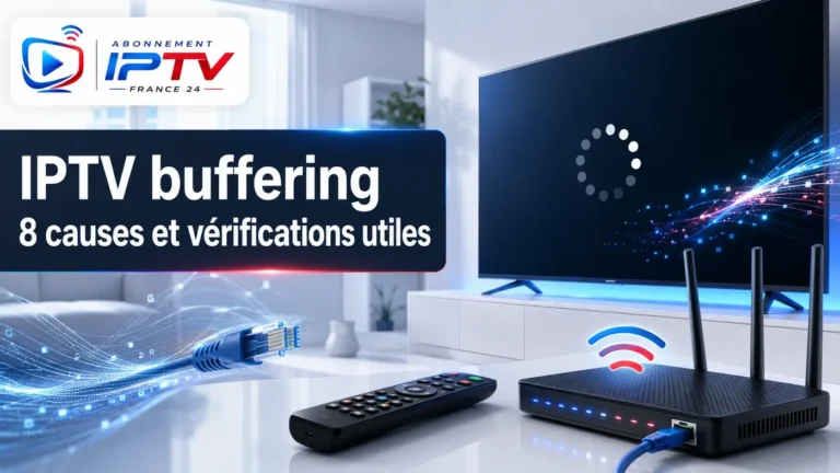 IPTV buffering : téléviseur, routeur Wi‑Fi et câble Ethernet pour identifier les causes de chargement
