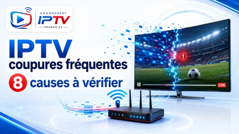 IPTV coupures fréquentes avec écran TV, signal interrompu et routeur Wi‑Fi