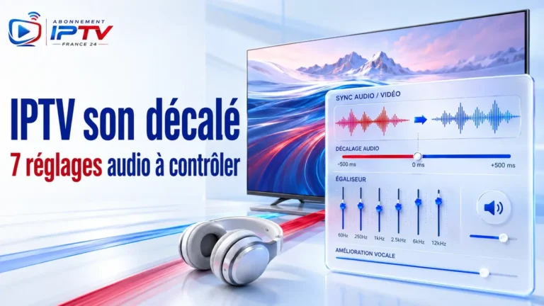 IPTV son décalé avec réglages de synchronisation audio, égaliseur et casque devant un téléviseur
