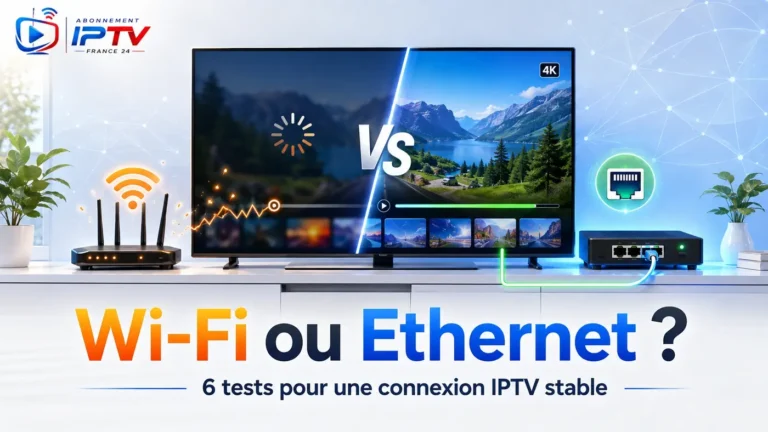 IPTV WiFi ou Ethernet montrant la comparaison entre un routeur WiFi et un câble Ethernet pour une lecture IPTV plus stable.