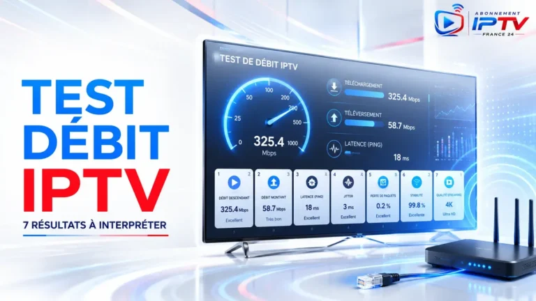 Test débit IPTV sur télévision avec résultats de vitesse, latence et routeur Wi-Fi