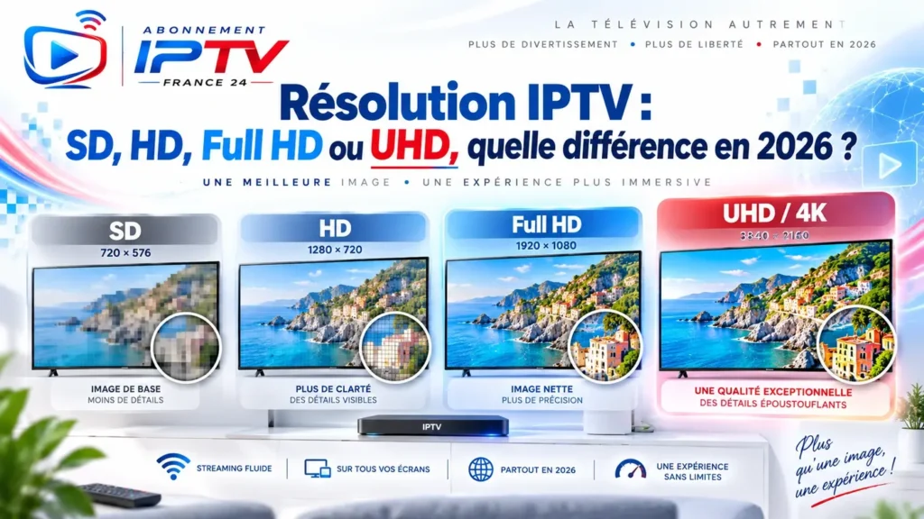 Résolution IPTV : comparaison SD, HD, Full HD et UHD en 2026