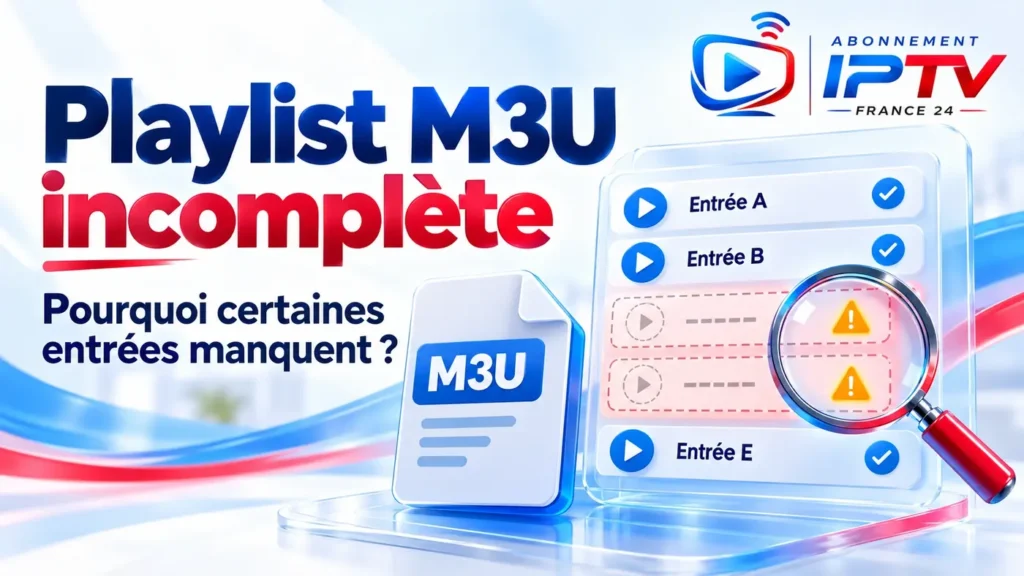Playlist M3U incomplète illustrée par un fichier M3U et une liste avec des entrées manquantes signalées par une loupe