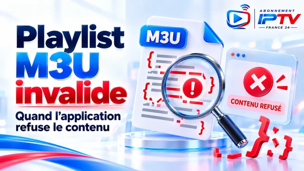 Playlist M3U invalide illustrée par un fichier avec des erreurs, une loupe et un symbole de contenu refusé