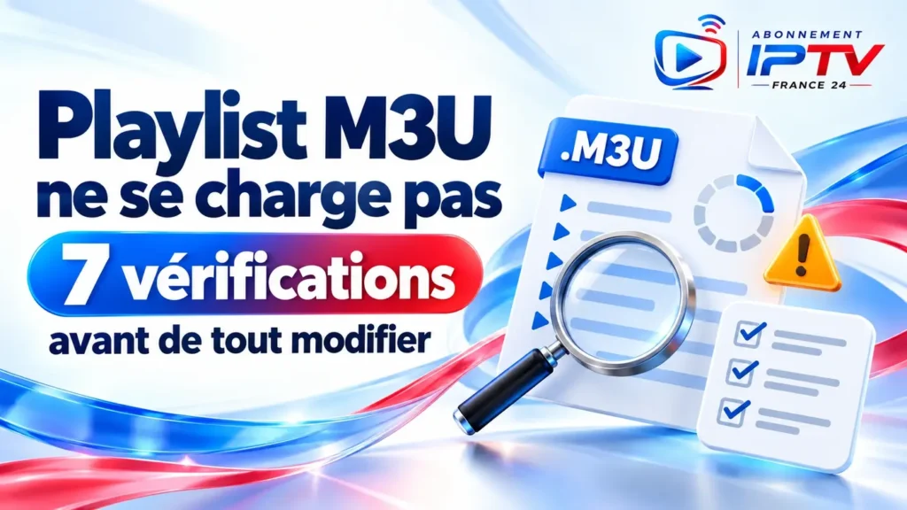 Illustration du problème « playlist M3U ne se charge pas » avec indicateur de chargement, alerte, loupe et checklist.