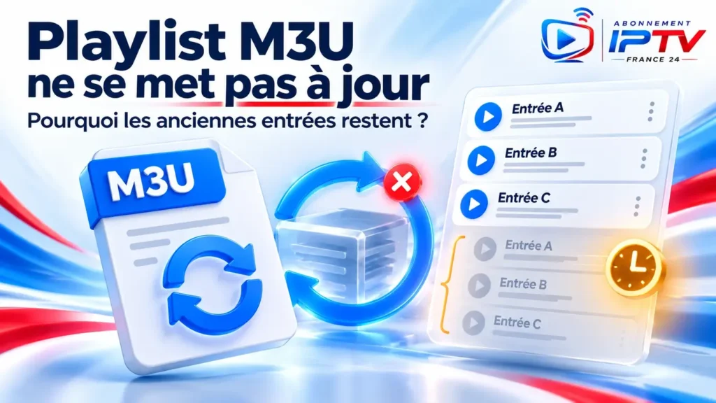 Playlist M3U ne se met pas à jour, illustrée par un fichier M3U, des flèches de rafraîchissement et des anciennes entrées grisées