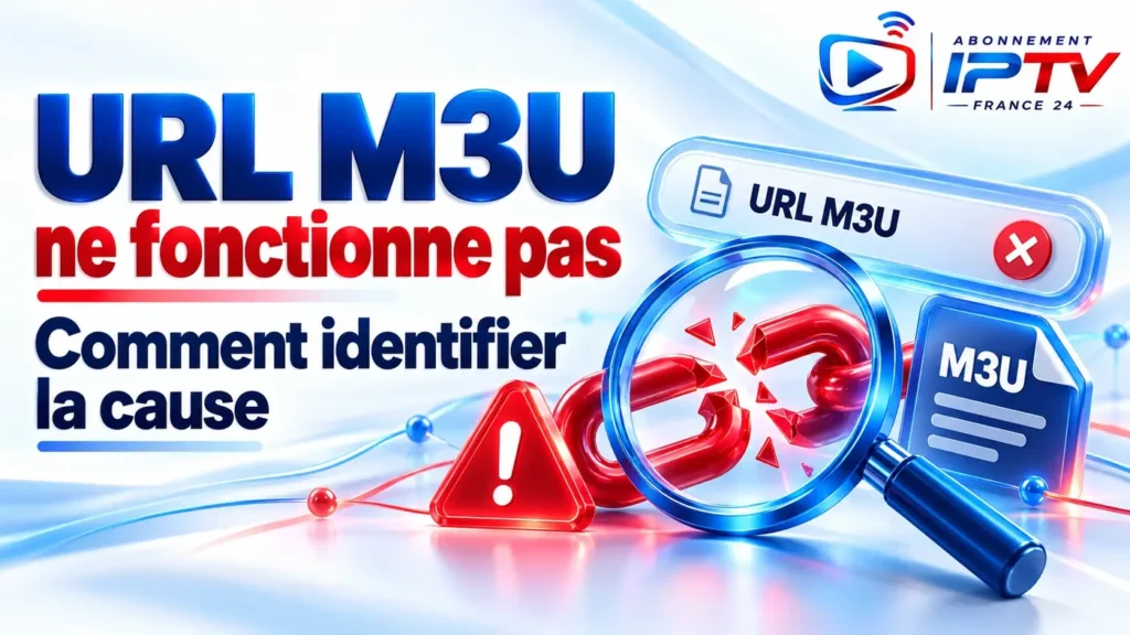 URL M3U ne fonctionne pas : lien brisé examiné à la loupe, avec un fichier M3U et un symbole d’alerte